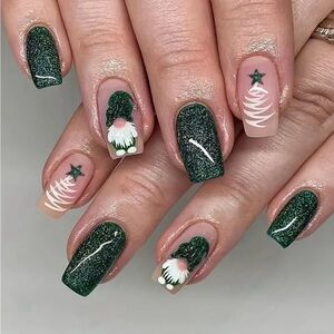 New! 24Pcs Christmas Tree & Gnome Green Press on Nails Medium Square Fake Nails